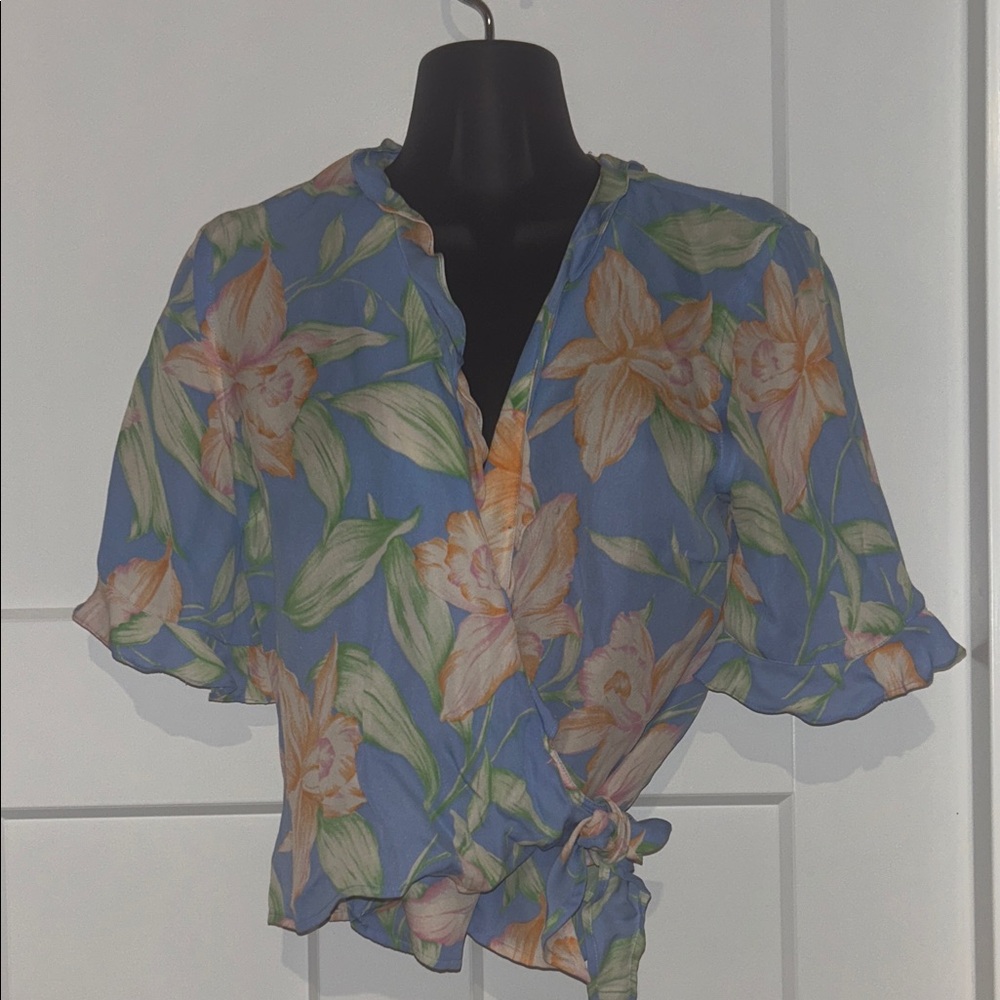 Lauren by Ralph Lauren Blue and Orange Floral Wrap Blouse
